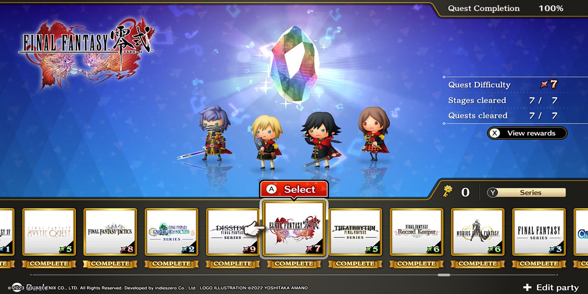 Kurasame, Ace, Machina, and Rem stand below a glowing Rhythmia crystal in Theatrhythm: Final Bar Line's Series Title Select Screen.