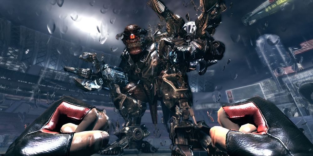 First person view of Duke Nukem's fists against a giant robot with one red eye in Duke Nukem Forever