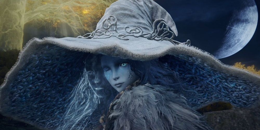 Ranni in a very large hat, looking over her shoulder in Elden Ring the video game