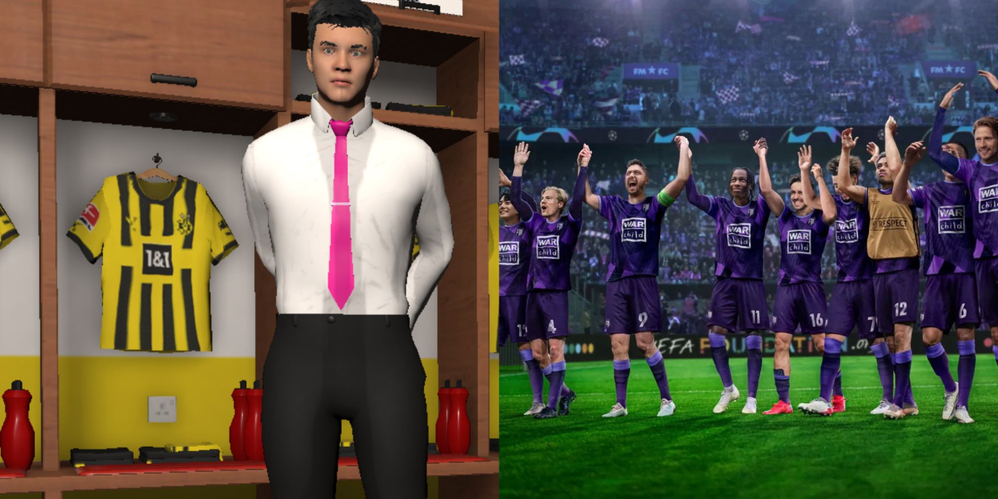Football Manager 2023 Best Starting Teams Featured Split Image Of Dortmund Manager and FM23 Promo Picture