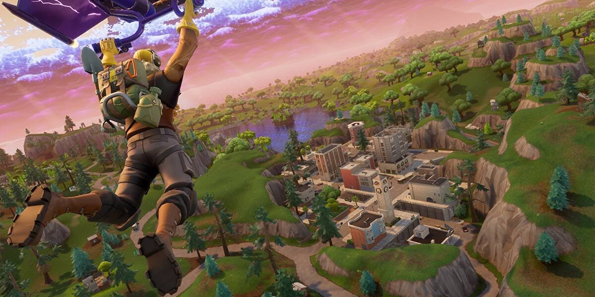 A Fortnite player has deployed their glider in order to safely land at a POI.