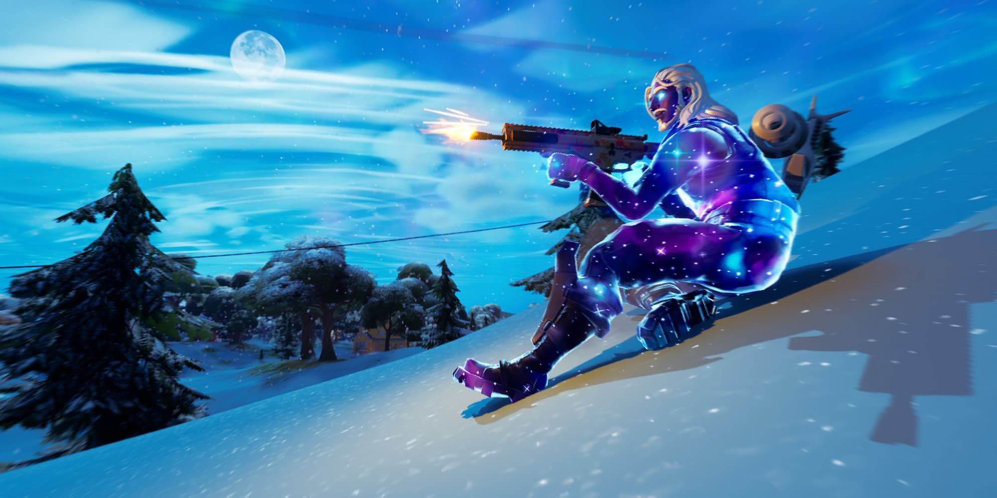 The Galaxy skin slides down a snow-covered hill while firing its weapon in Fortnite.