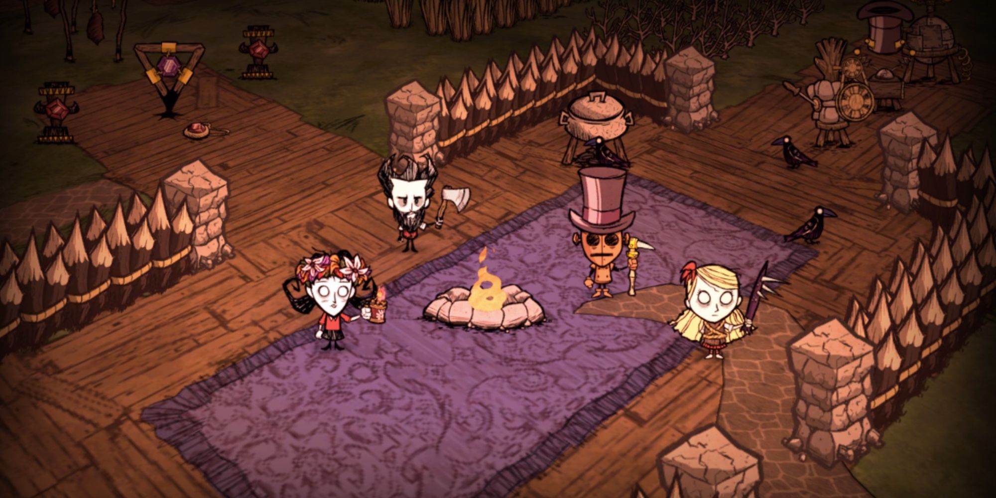 Four players standing in a shared base in Don't Starve Together
