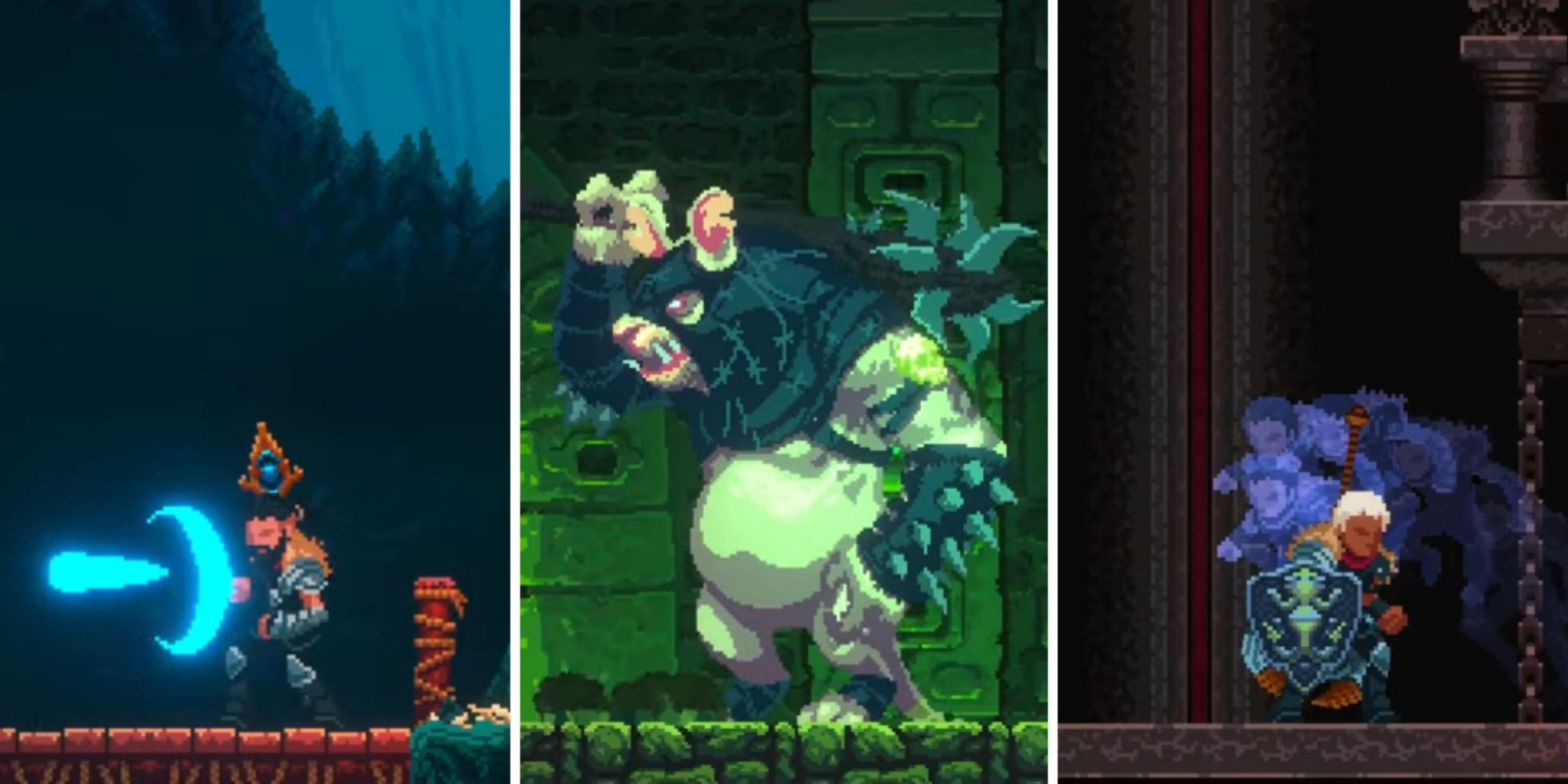 From left to right, firing a magic orb with a staff in Elderand, confronting a large rat monster in elderand, and using your dodge ability in Elderand