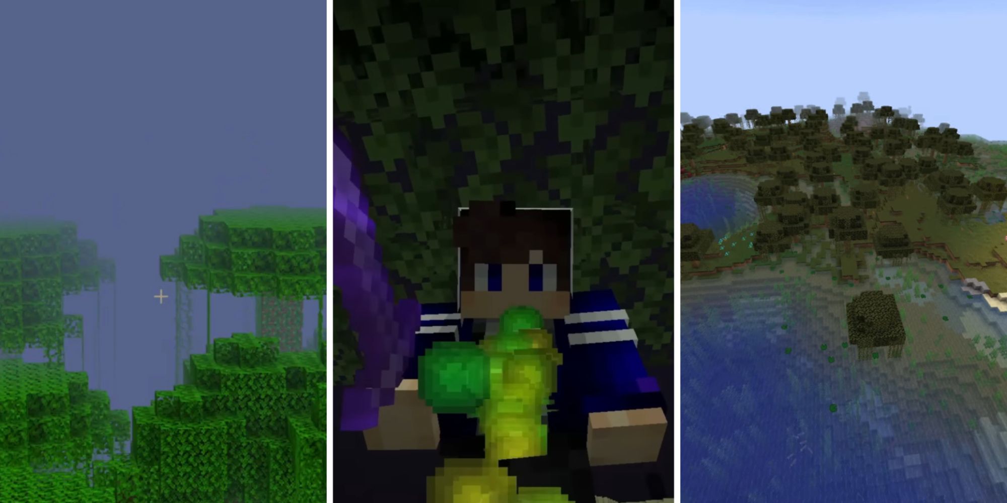 From left to right, playing with a low render distance in Minecraft, collecting experience orbs in Minecraft, and testing biome transition settings in Minecraft