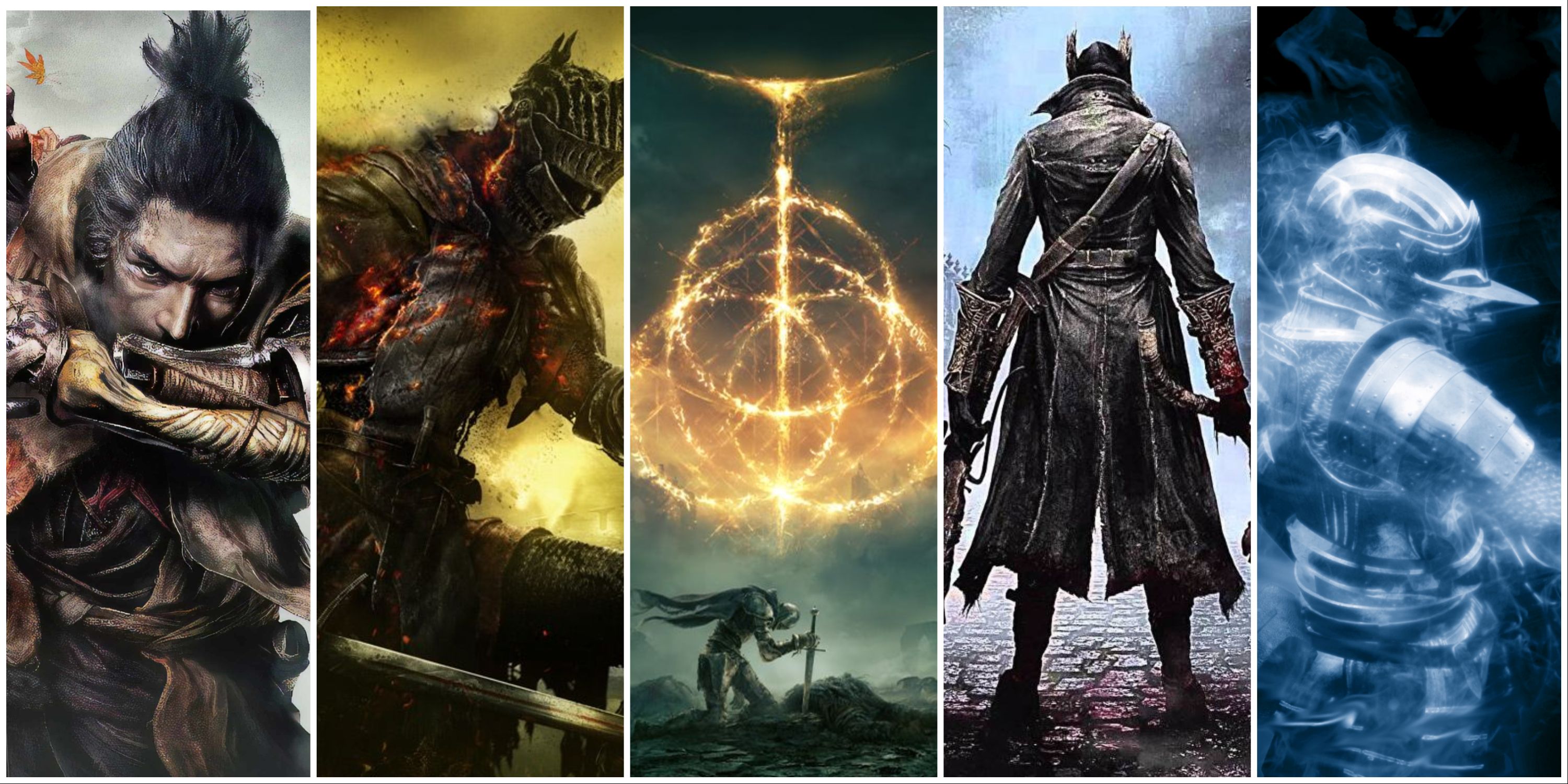 Elden Ring, Demon Souls, Bloodborne, Dark Souls 3, Sekiro, side by side, FromSoftware