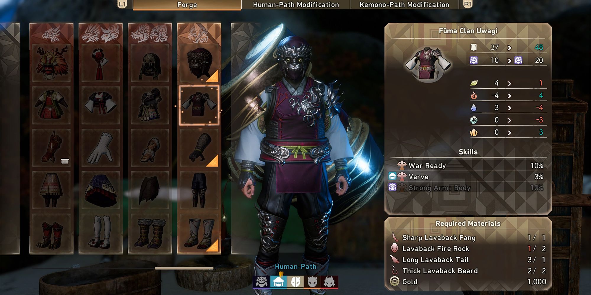fuma clan armor set crafted from mighty lavaback materials