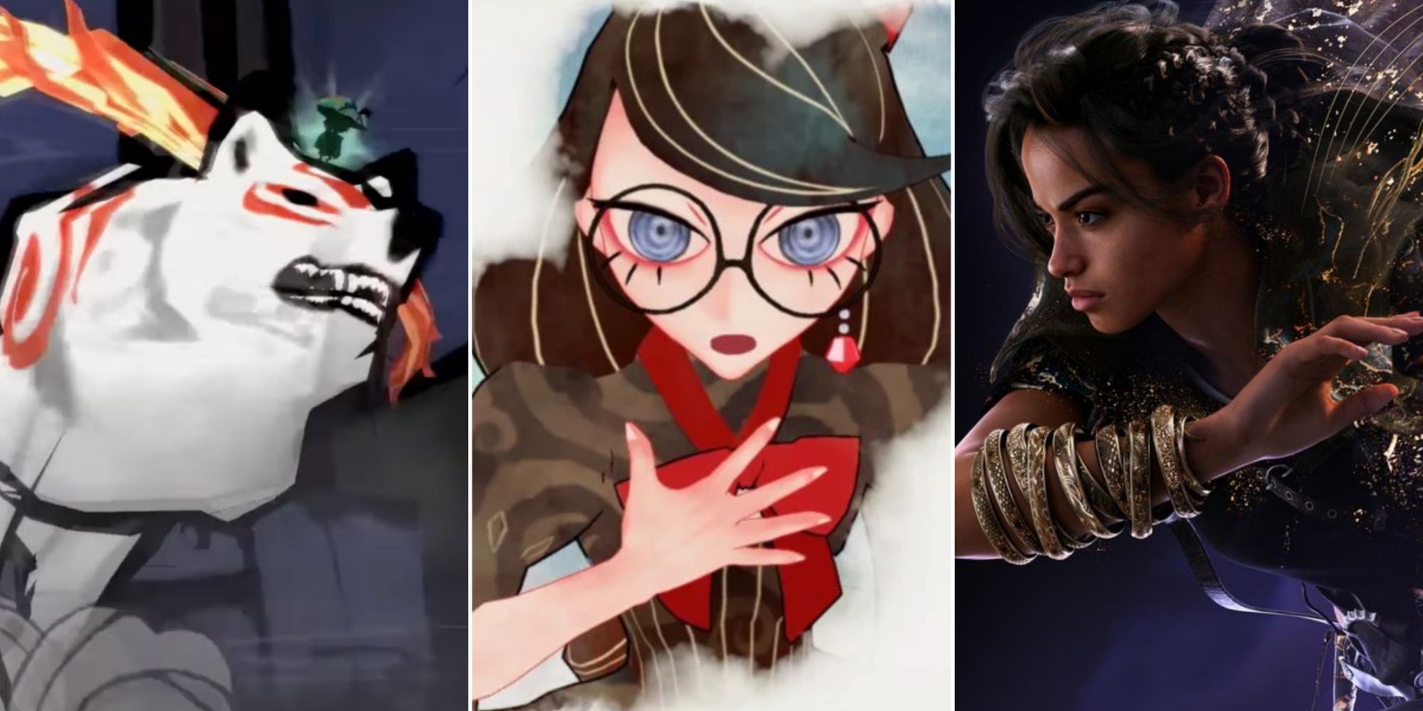 Games Like Bayonetta Origin Collage - Okami on left, Bayonetta Origin in center, Forspoken on right