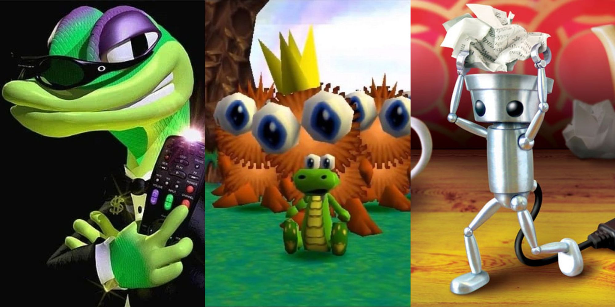 Gex is holding a remote control, Croc is sitting there and Chibi Robo is holding a piece of paper