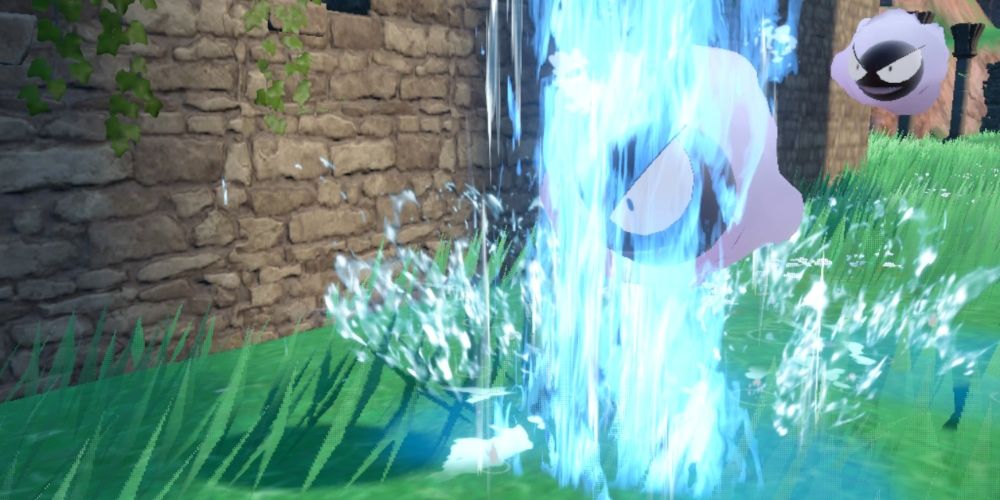 Gastly having Soak being used on it with a torrent of water falling on it in Pokemon