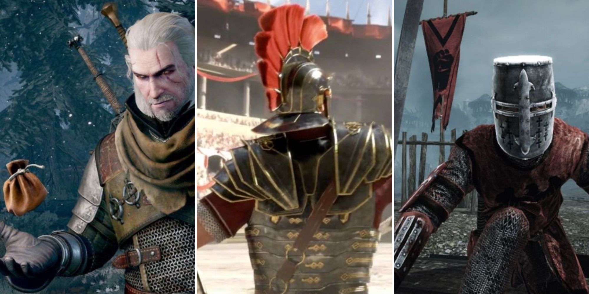 Geralt grabbing a coin purse in The Witcher 3 Wild Hunt - The back of an armored gladiator's head in Ryse Son of Rome - A Soldier in chain armor in Chivalry Medieval Warfare    