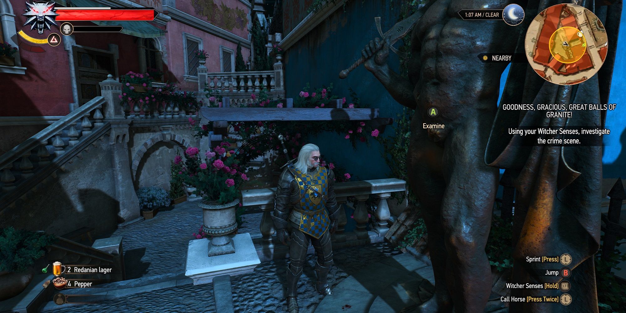 Geralt looking at a statue's missing balls in The Witcher 3