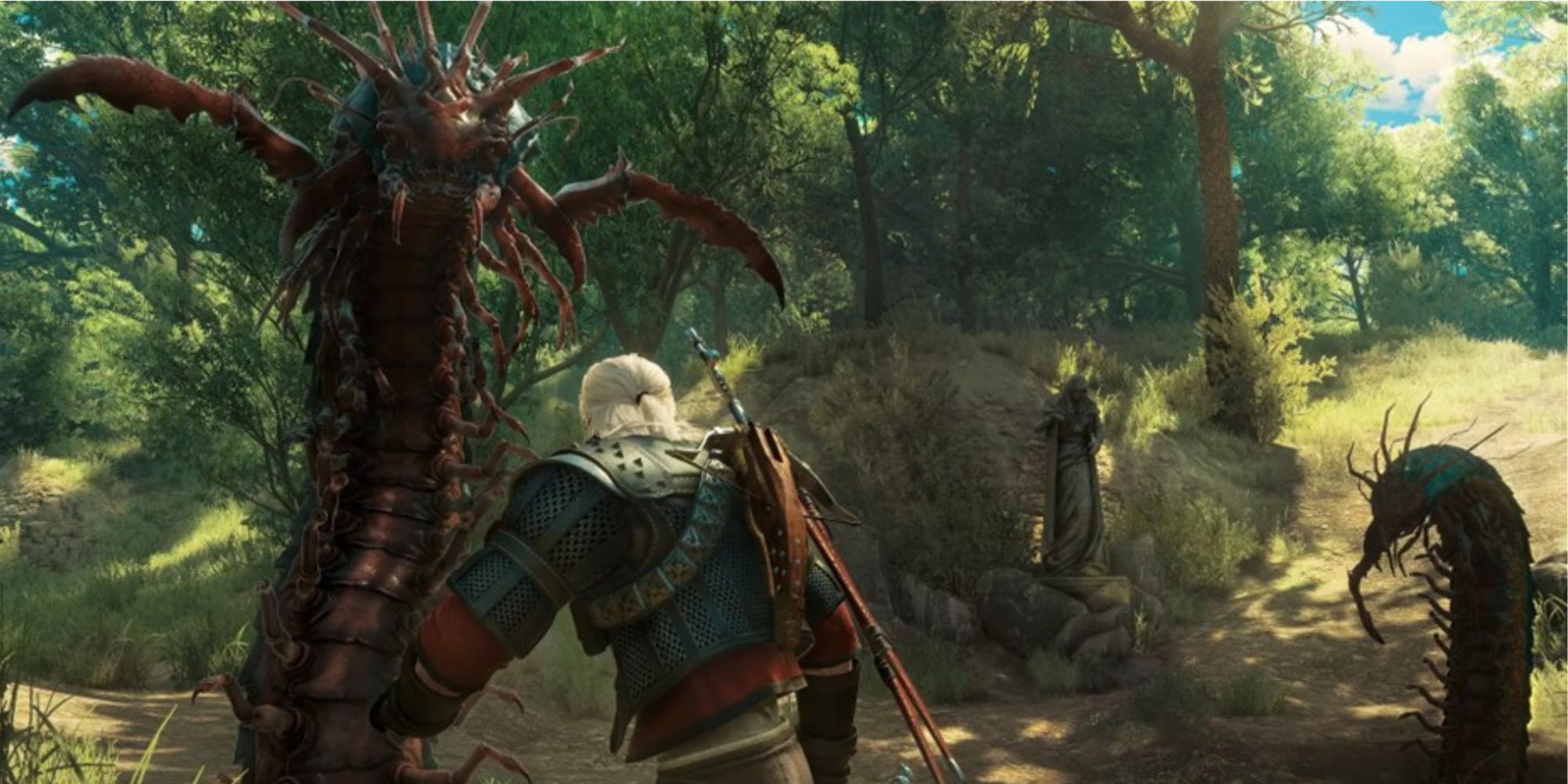 Geralt facing two giant centipedes in The Witcher 3