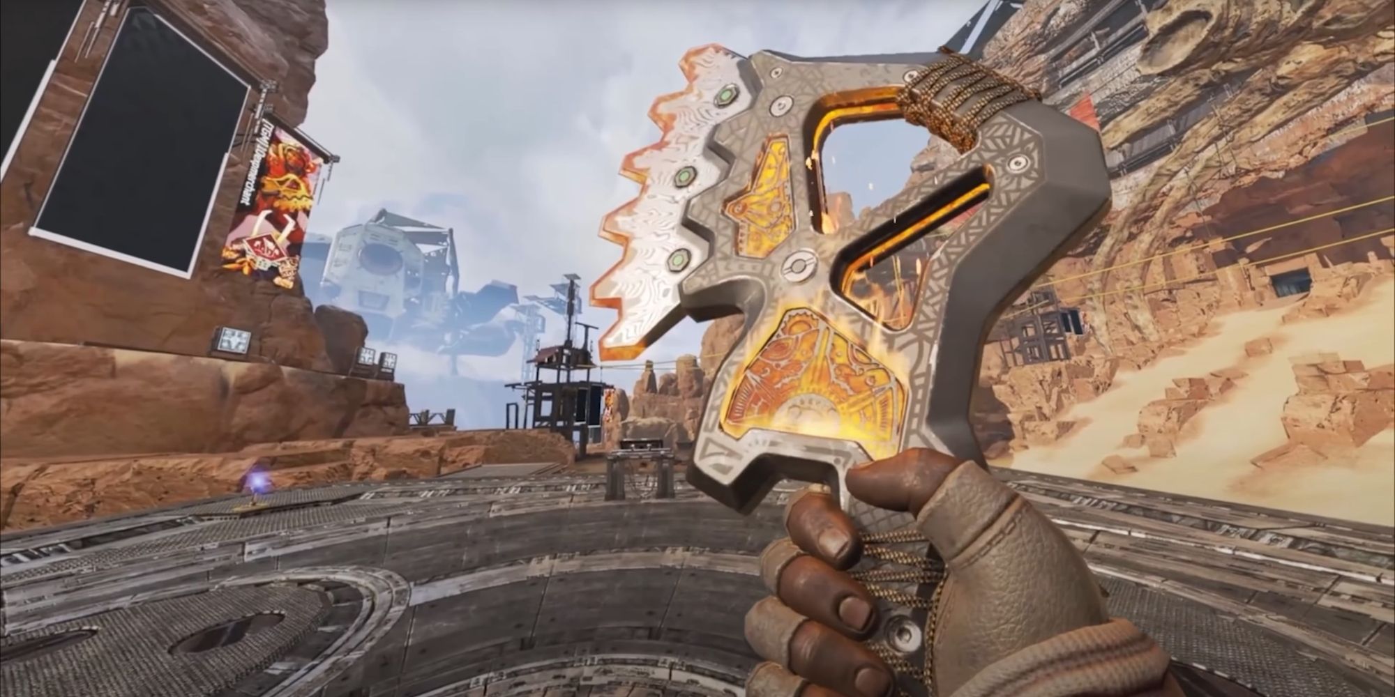 An image of Gibraltar's Heirloom from Apex Legends, a glowing metal and orange war club. 