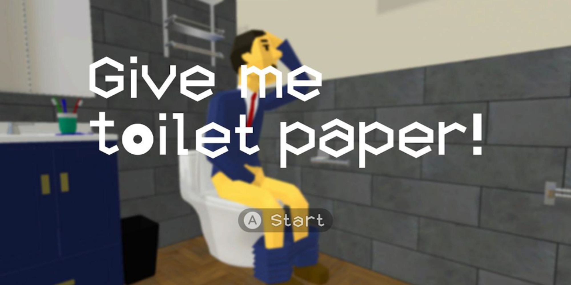 The title screen for the game Give Me Toilet Paper! showing a man sitting on a toilet