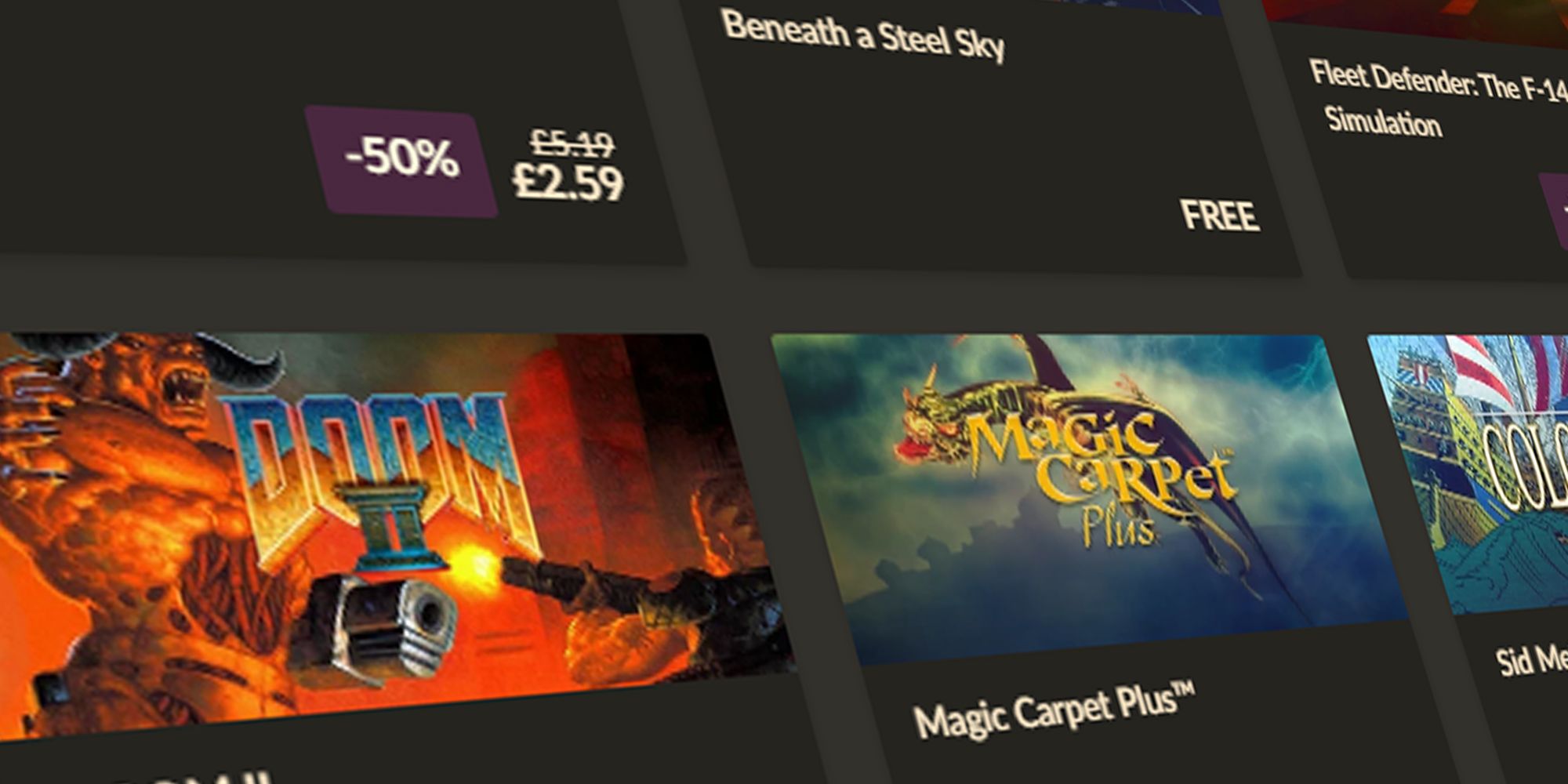 GOG Storefront showing Doom 2 and Magic Carpet Plus on sale underneath Beneath a Steel Sky