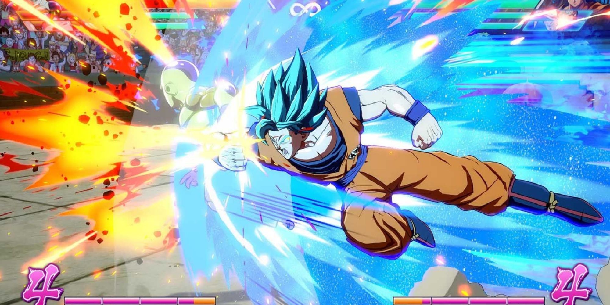 Goku delivering a massive attack in Dragon Ball FighterZ