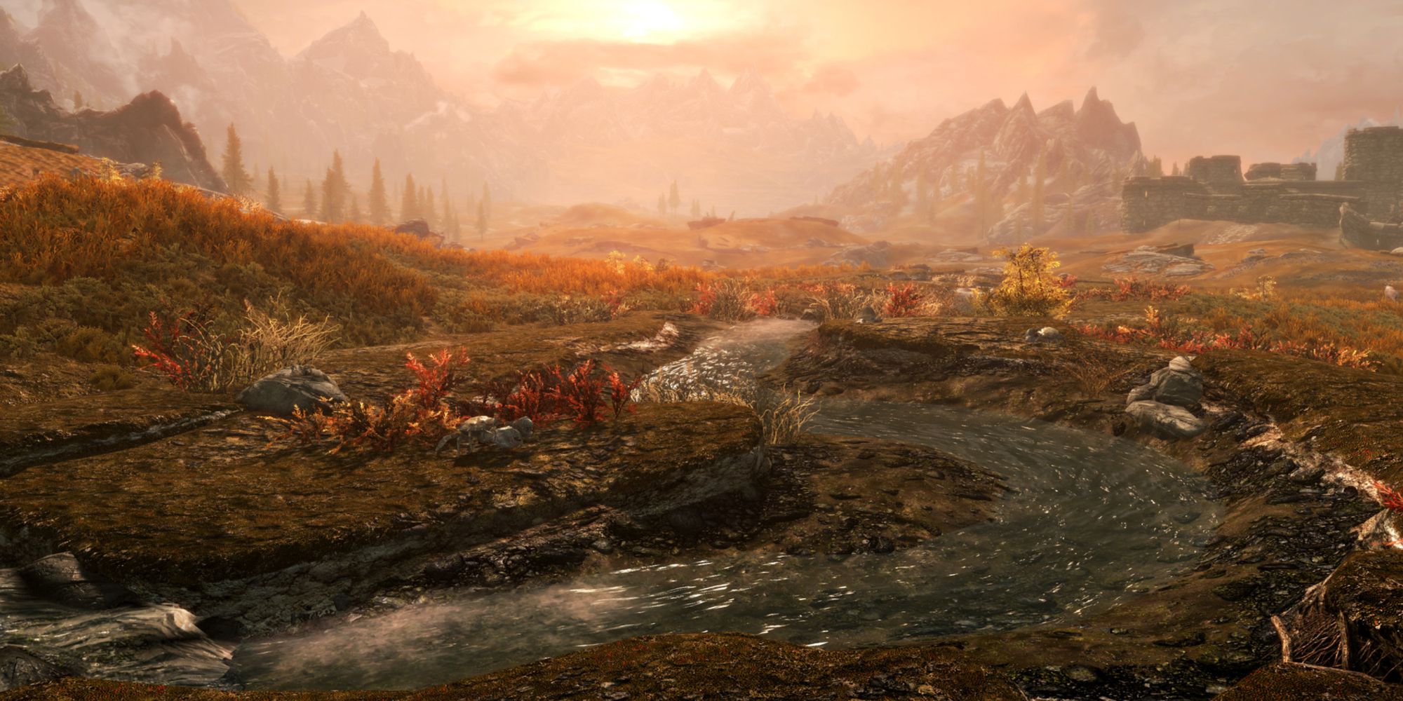 Gorgeous sunset, river and environment in Skyrim Special Edition