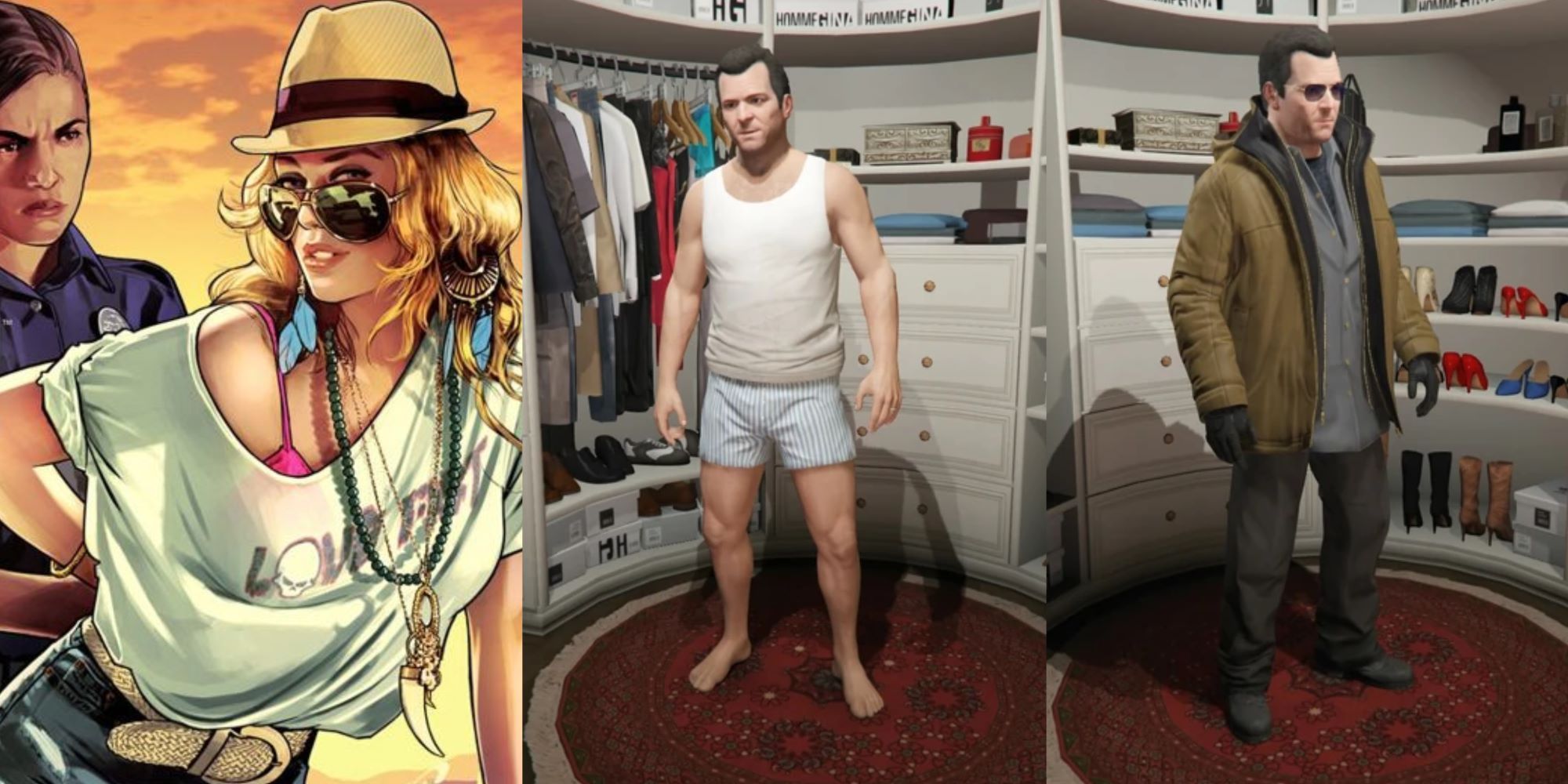 grand theft auto 5 cover with police officer arresting woman and michael in bed and dusseldorf outfits