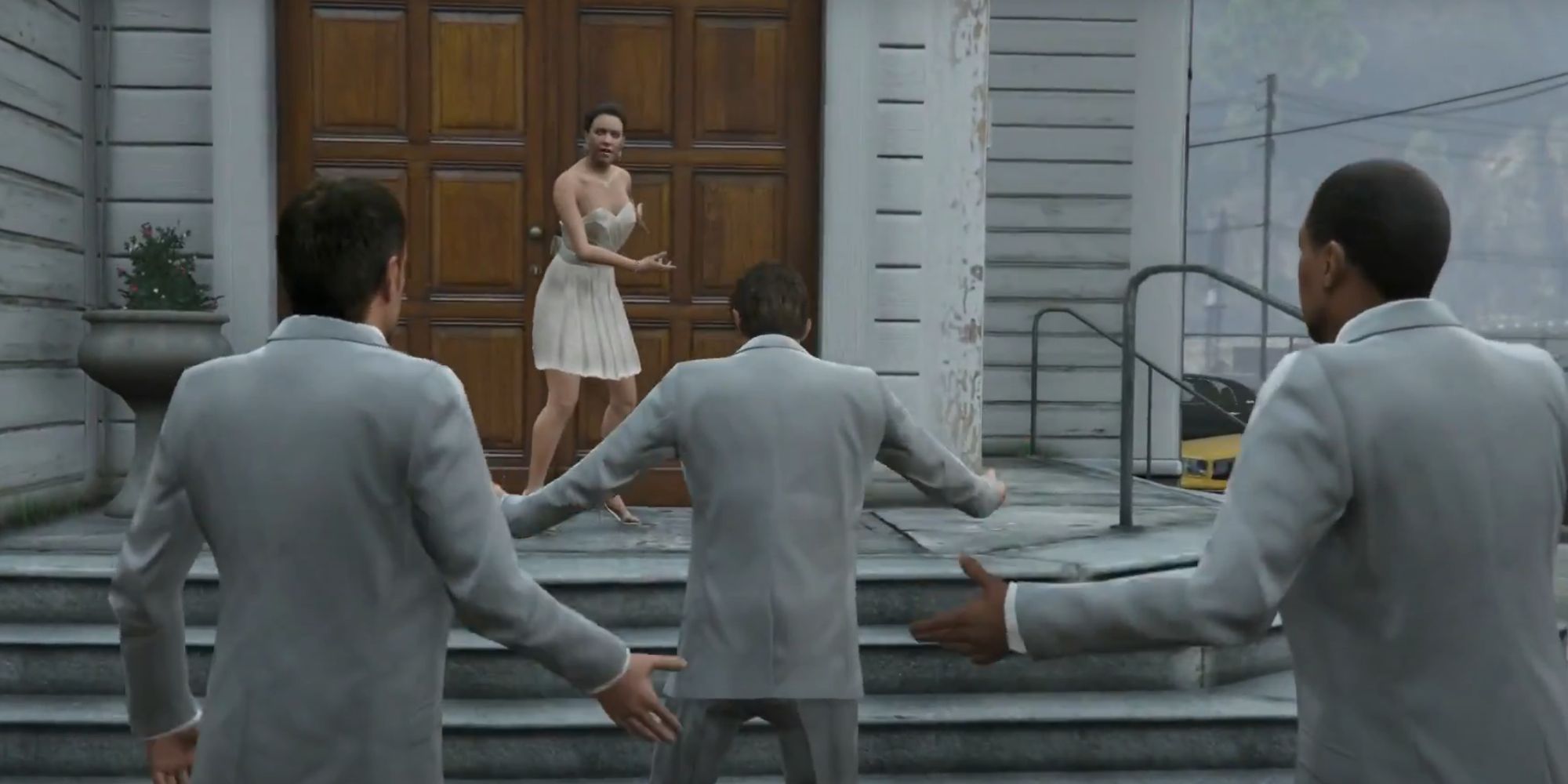 Grand Theft Auto 5 Screenshot Of Groom and Groomsmen Arriving Late To The Wedding During Stag Do Running Man