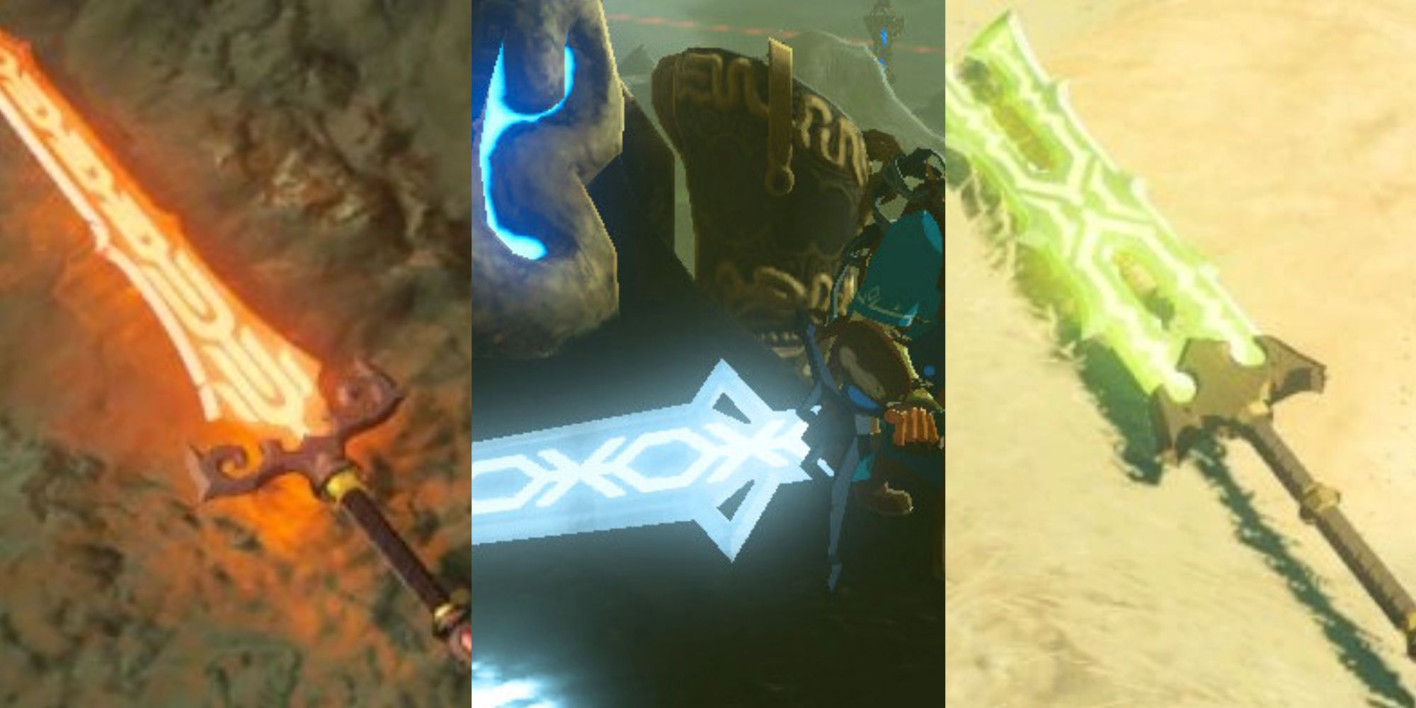 Split image screenshots of the Great Flameblade, the Great Frostblade, and Great Thunderblade.