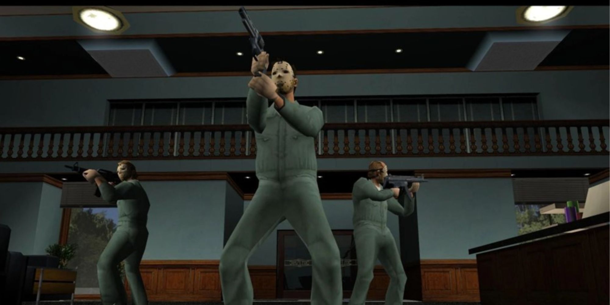 The GTA Vice City Mission 'The Job' feature masked men robbing a bank