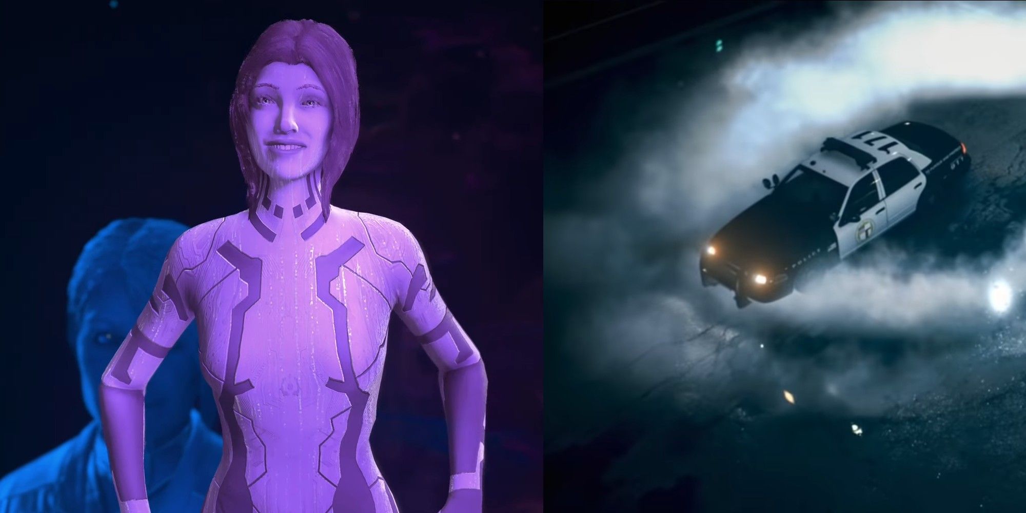 split image of Cortana from halo infinite and police car in need for speed