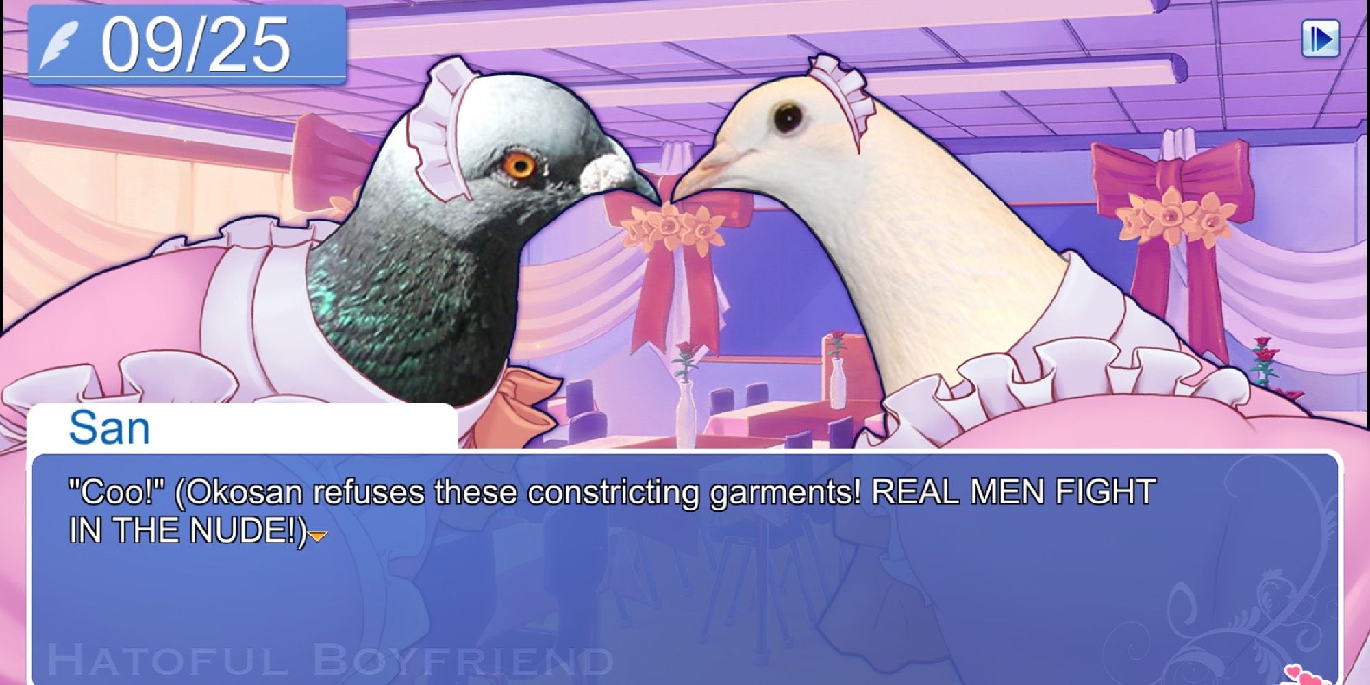 Two pigeons in pink dresses facing each other behind a dialogue box