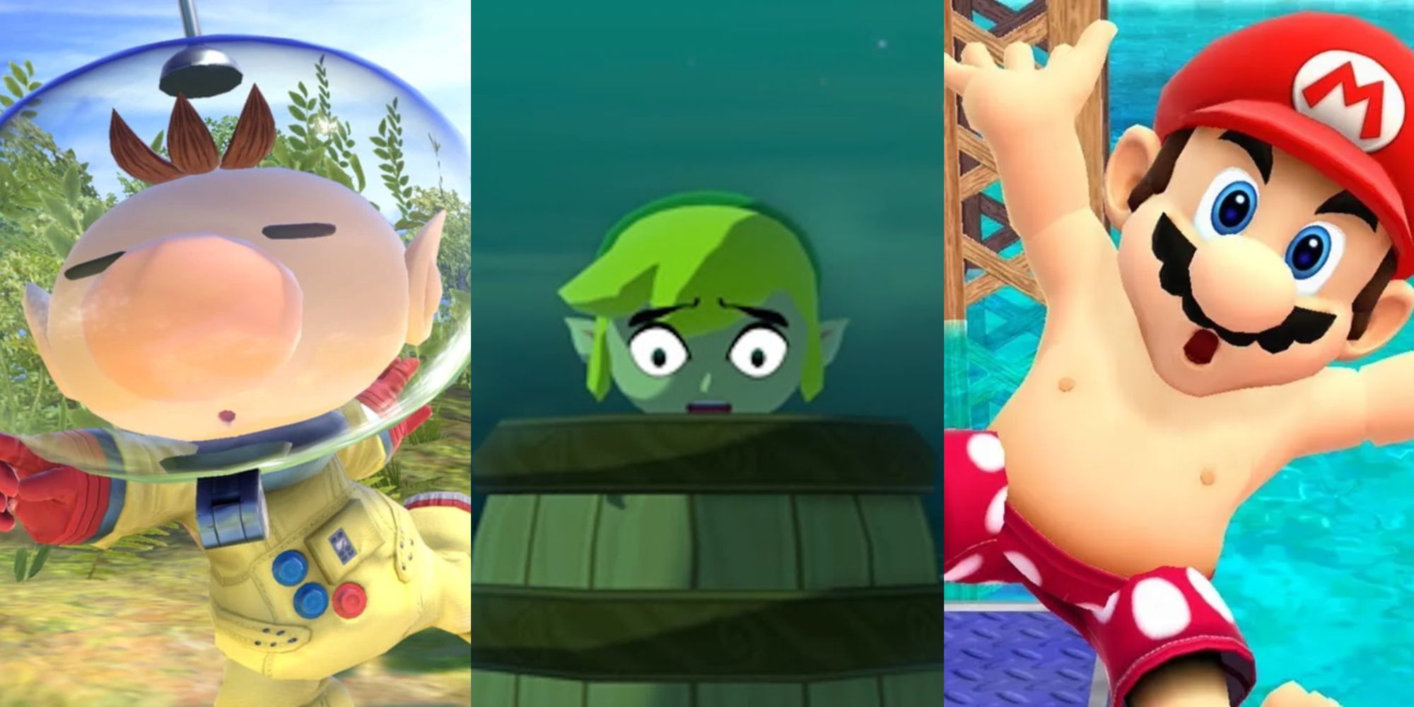 Olimar, Link, and Mario all with unique expressions on their faces