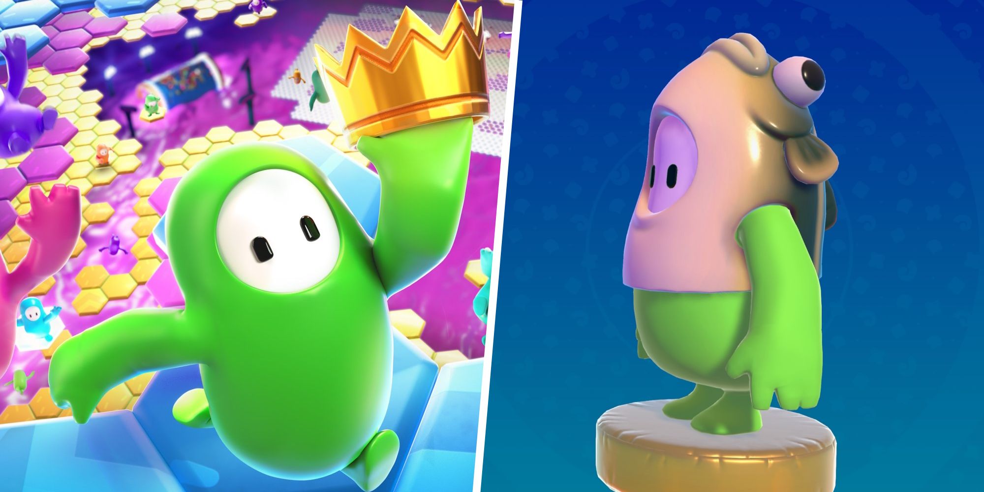 A collage showing a character with a crown on the left and a character using a fish outfit on the right.