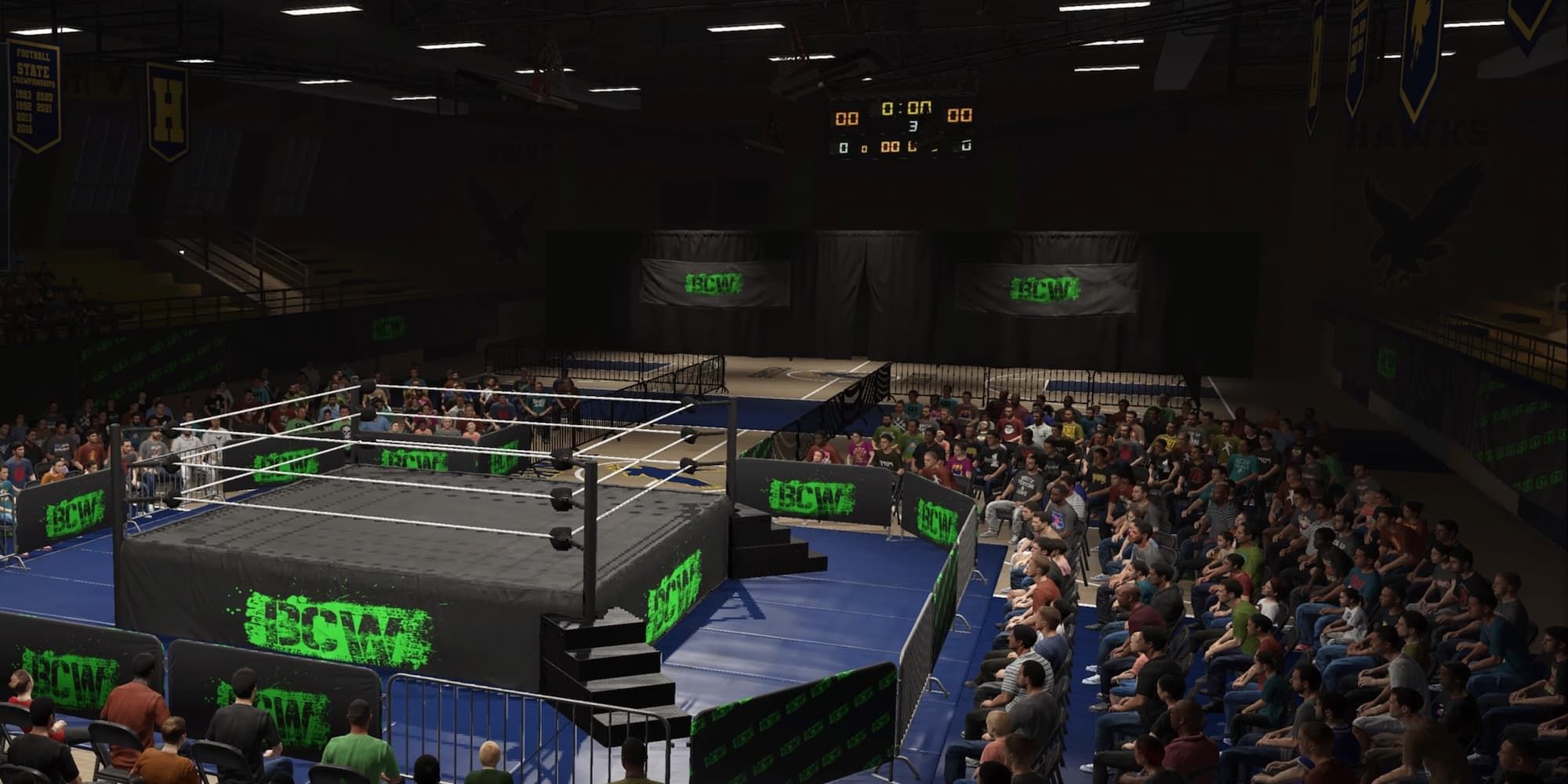 The High School Gym arena in WWE 2K23 is small with school banners and a scoreboard above the entrance area.