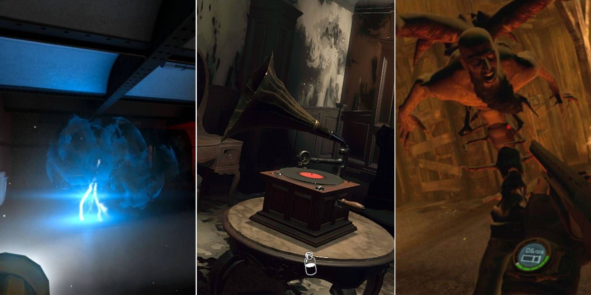 Scenes from three different Oculus Quest VR horror games: Project Terminus VR, Layers of Fear, and Resident Evil 4