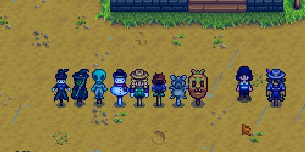 The rarecrows lined up in Stardew Valley the video game