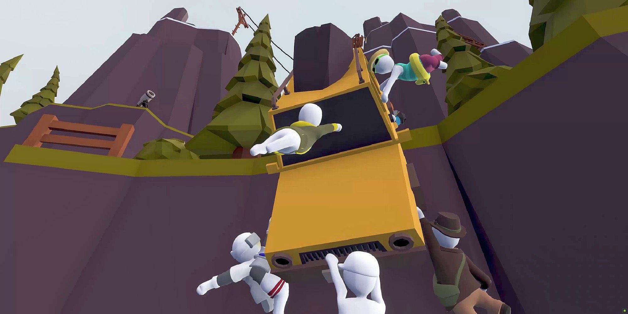 A group of plain doll-like characters hanging off of a car on a cliff's edge