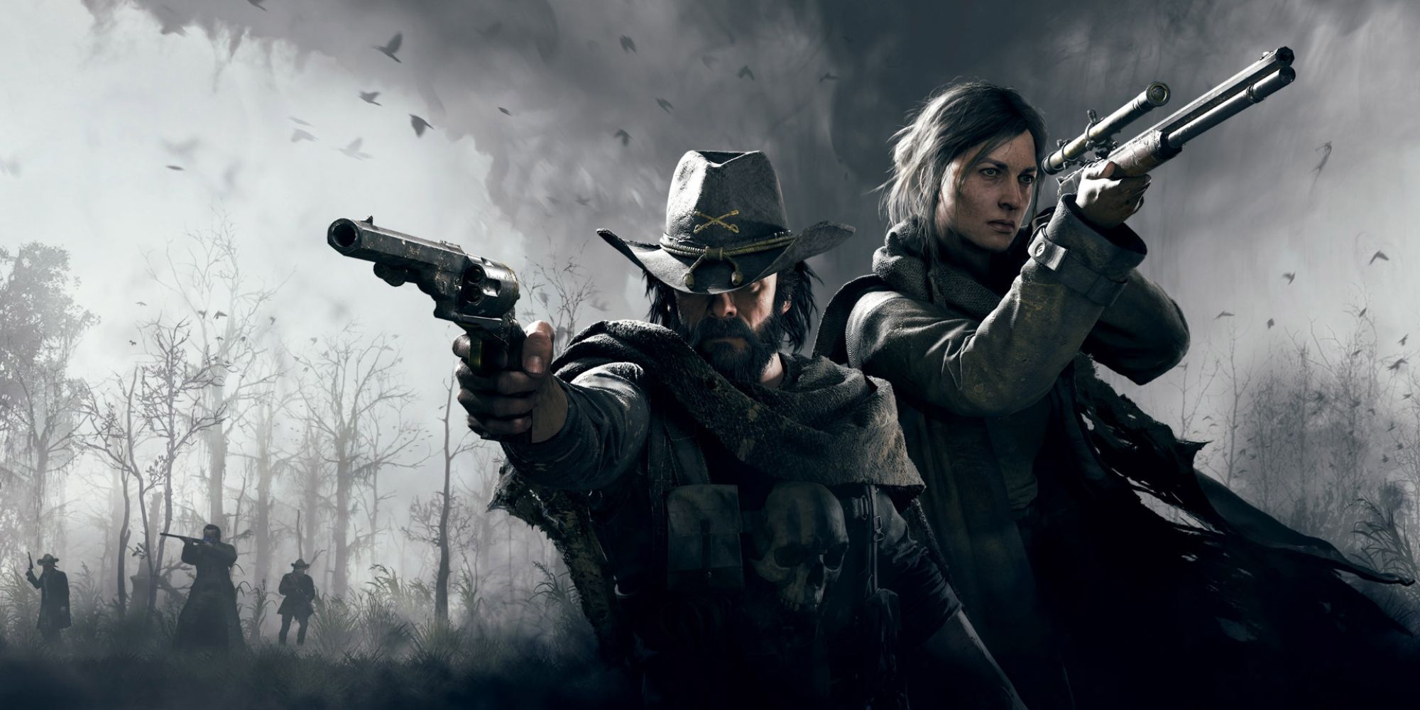 An image of the Hunt Showdown logo showing a man and woman carrying a pistol and rifle with black and white accents. 