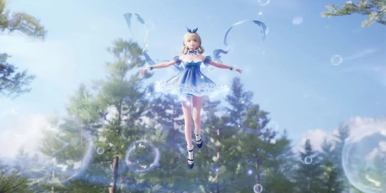 Infinity Nikki, character in blue dress floating through the air