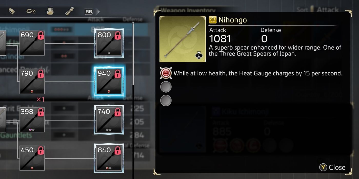 Nihongo in the menu with its item description, Attack, and intrinsic augments.
