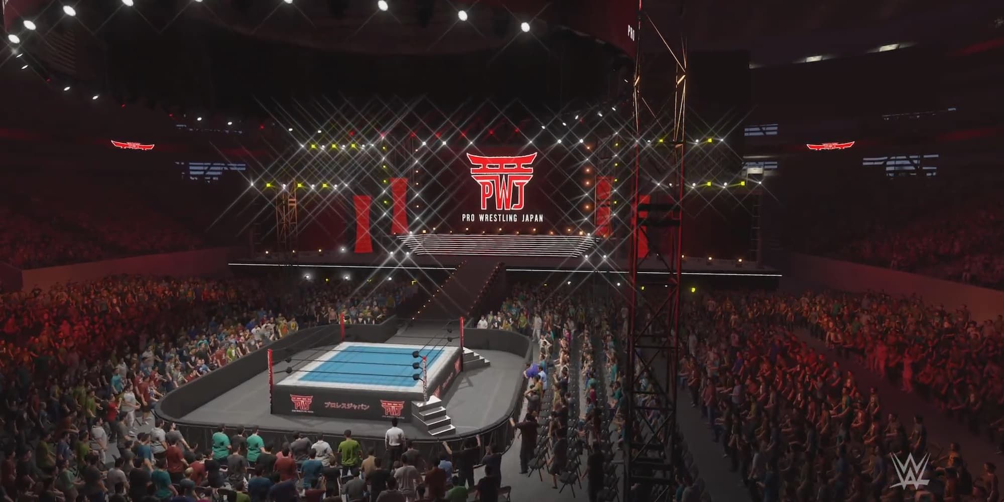 The Japan Dome is packed in WWE 2K23 and shows the logo of the game's fictional promotion known as Pro Wrestling Japan.