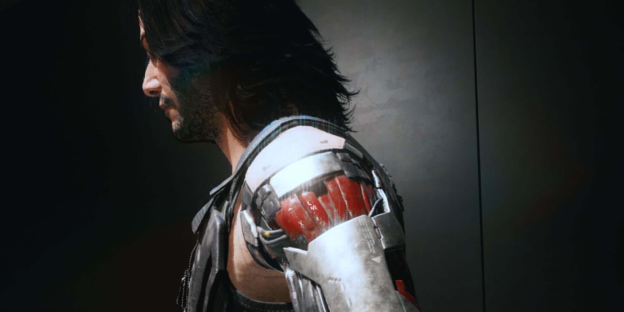 Johnny Silverhand from Cyberpunk 2077. He looks to the left. We can see hs cybernetic arm.