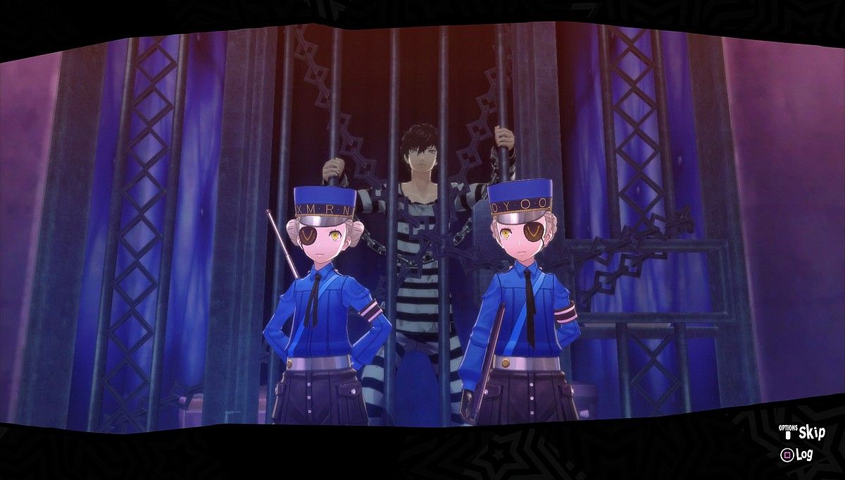 joker in jail in the velvet room with caroline and justine guarding his cell in persona 5 royal