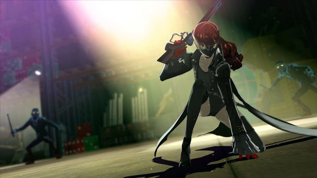 kasumi landing a jump in front of some shadows with a gun in her hand in persona 5 royal