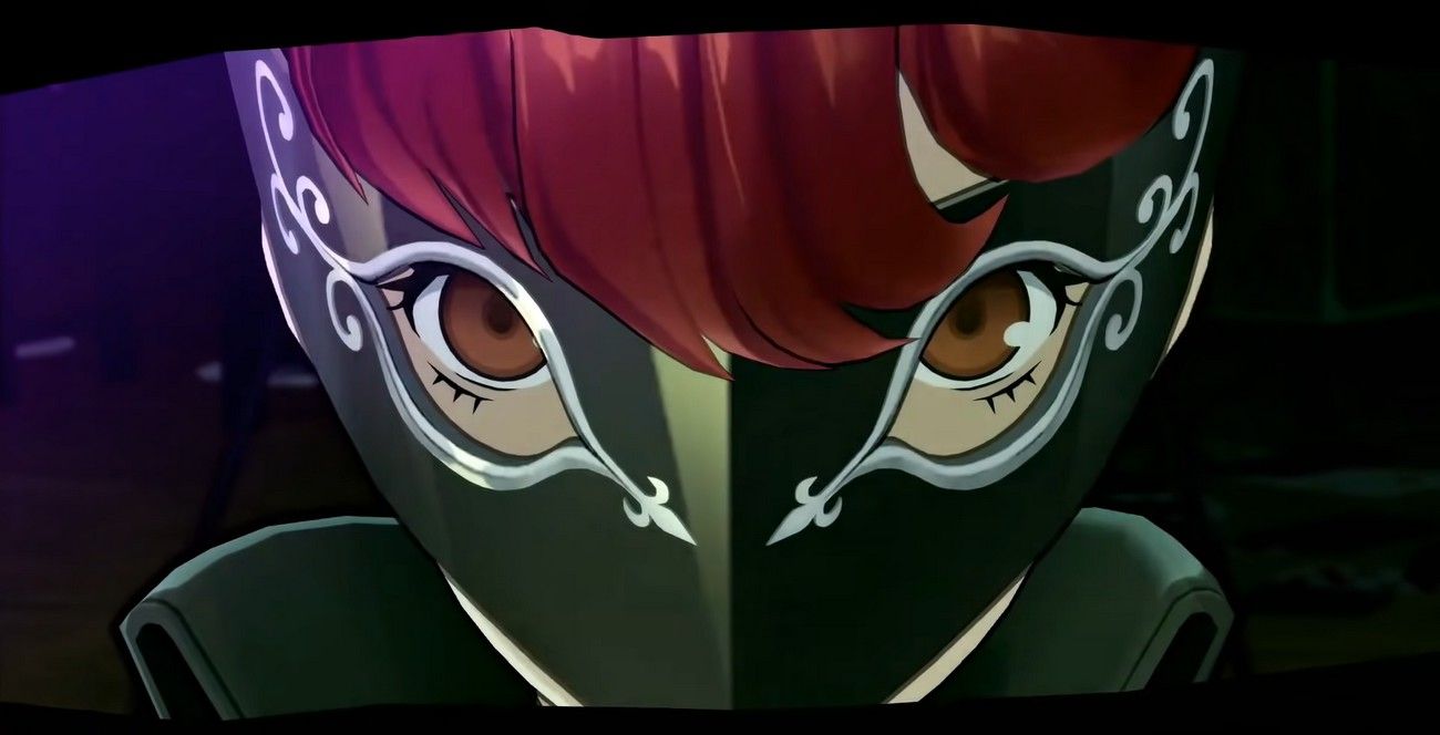 kasumi staring directly into the camera from behind her mask in persona 5 royal