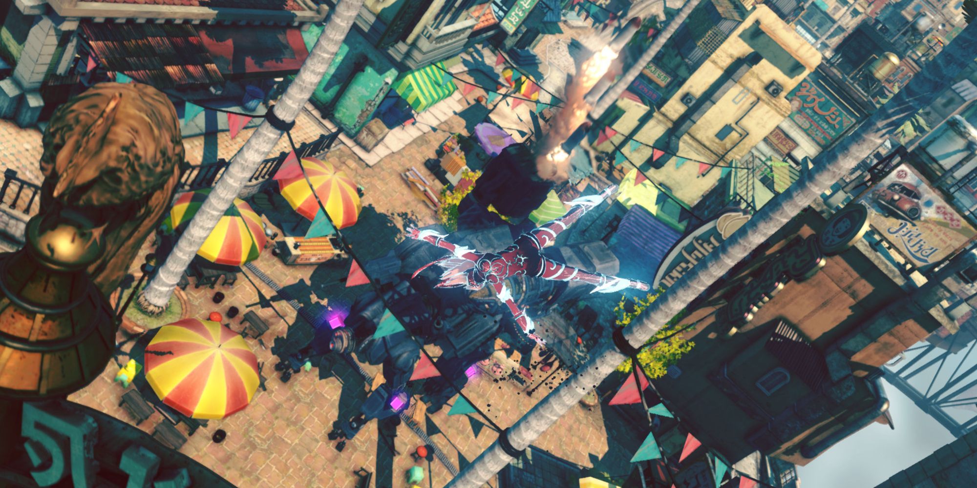 Kat suspended in mid-air in Gravity Rush 2