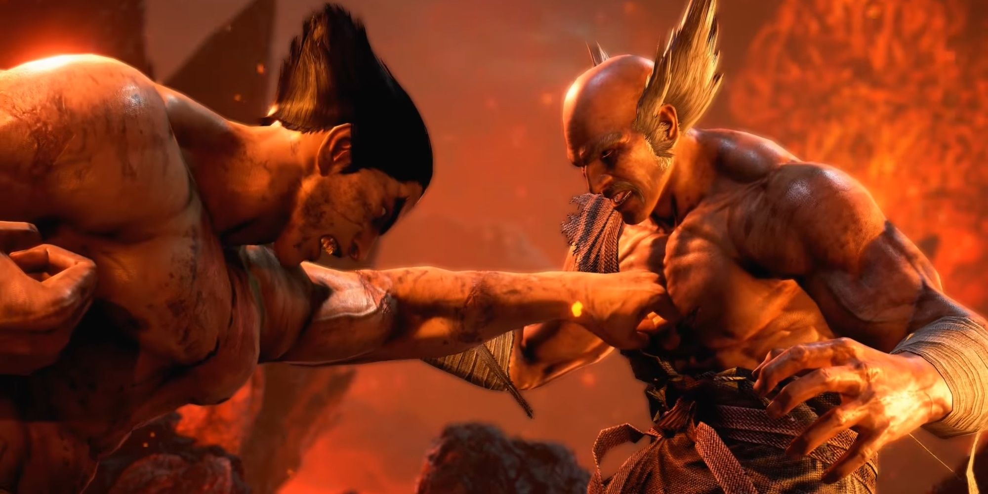 Kazuya punching Heihachi in the chest In Tekken 7