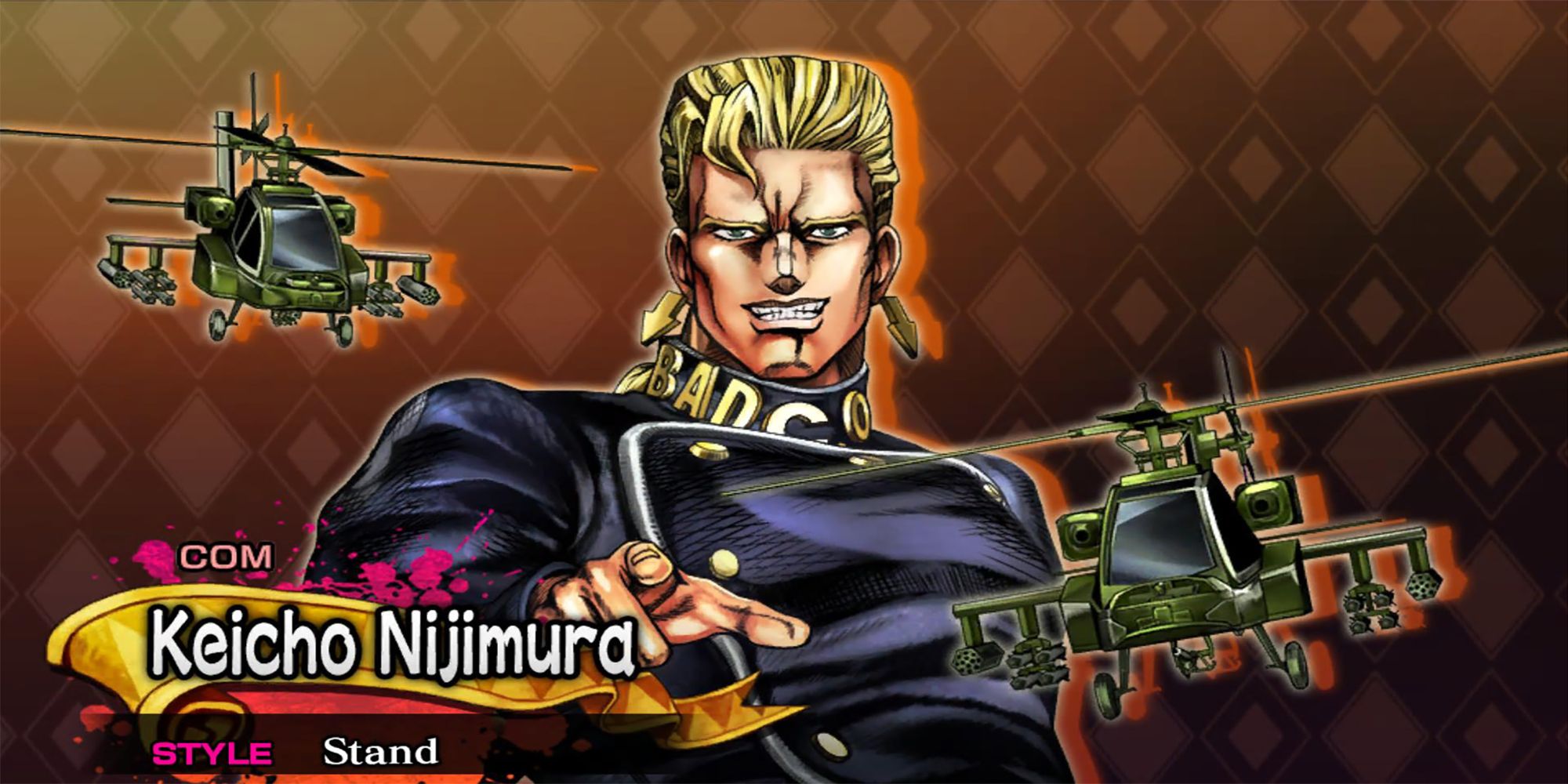 Keicho Nijimura is flanked by his Stand, Worse Company, on both sides in his character portrait from JoJo's Bizarre Adventure ASBR.