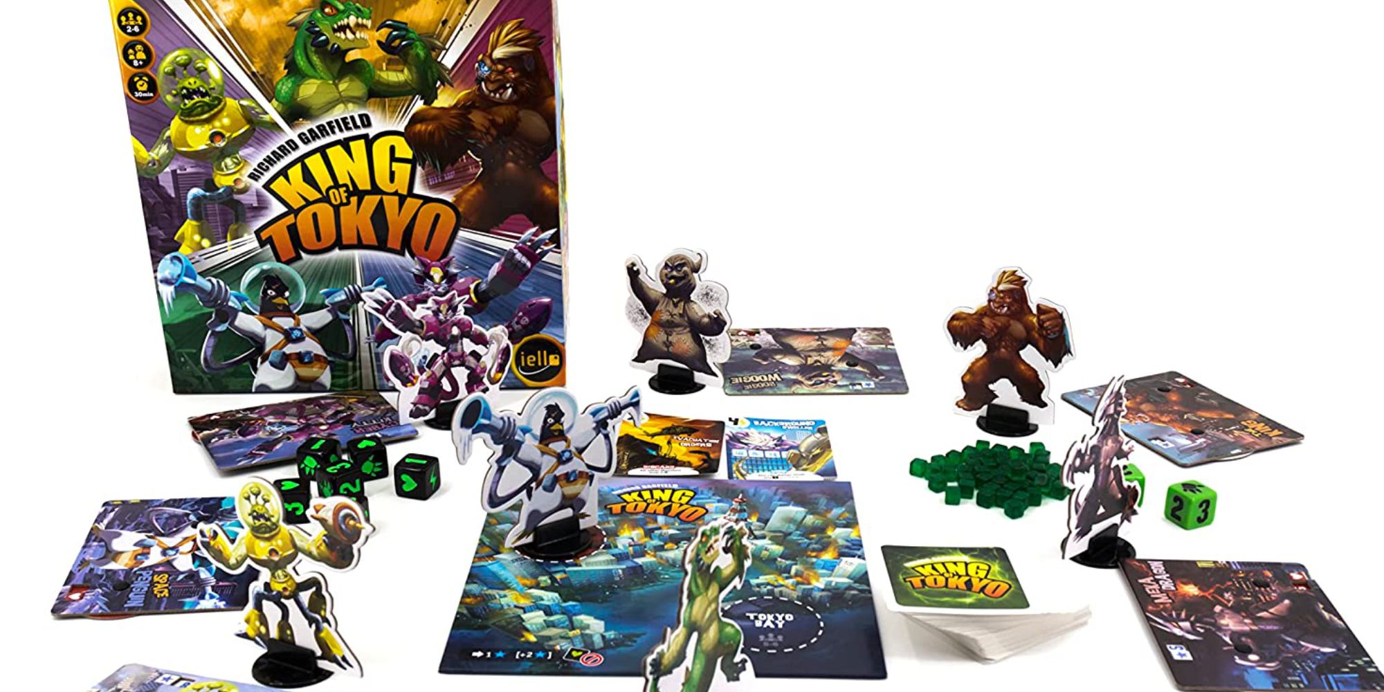 King of Tokyo Board Game and pieces on a plain background