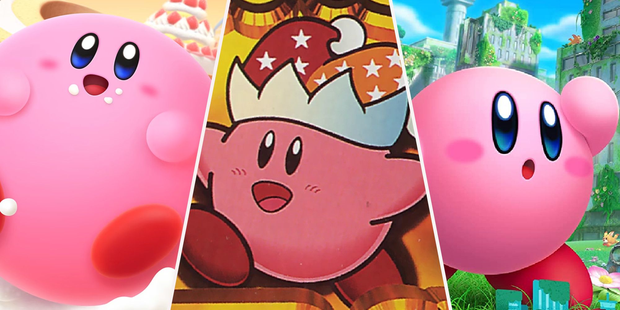 Kirby's Dream Buffet Cover, Kirby Super Star Cover, Kirby and the Forgotten Land Cover, from right to left