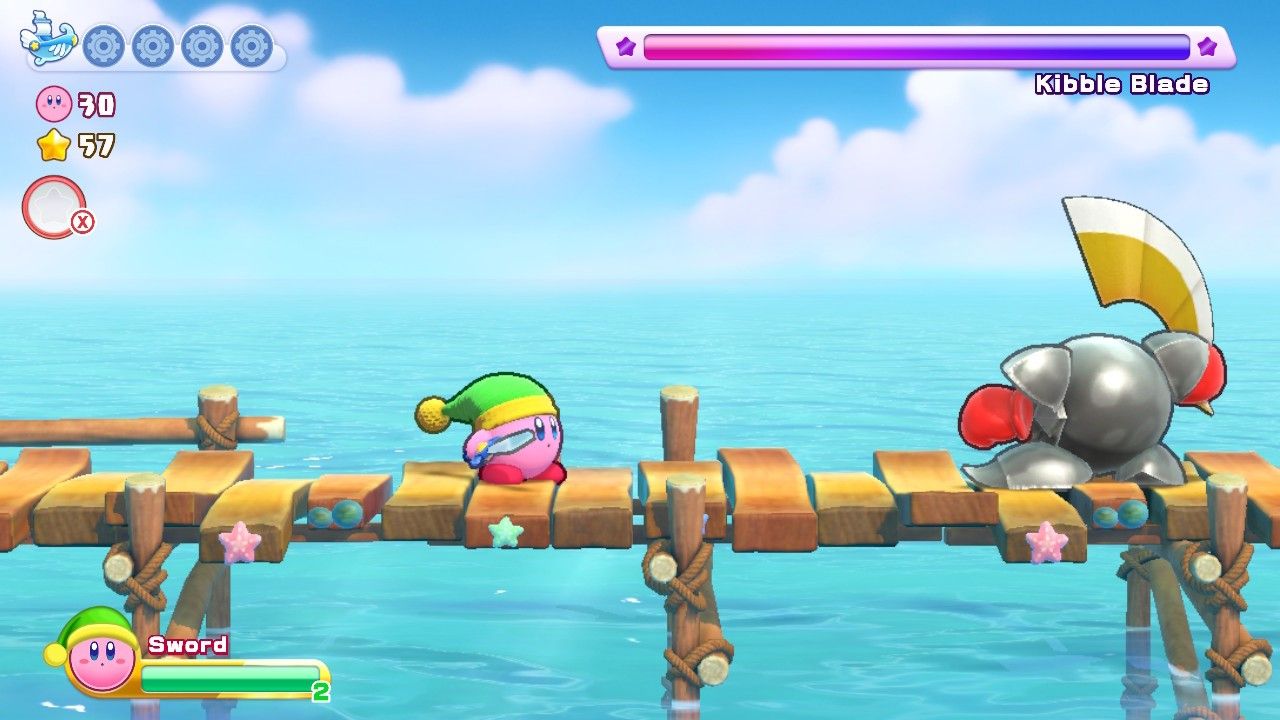 Kirby faces the Kibble Blade in Onion Ocean Stage Two