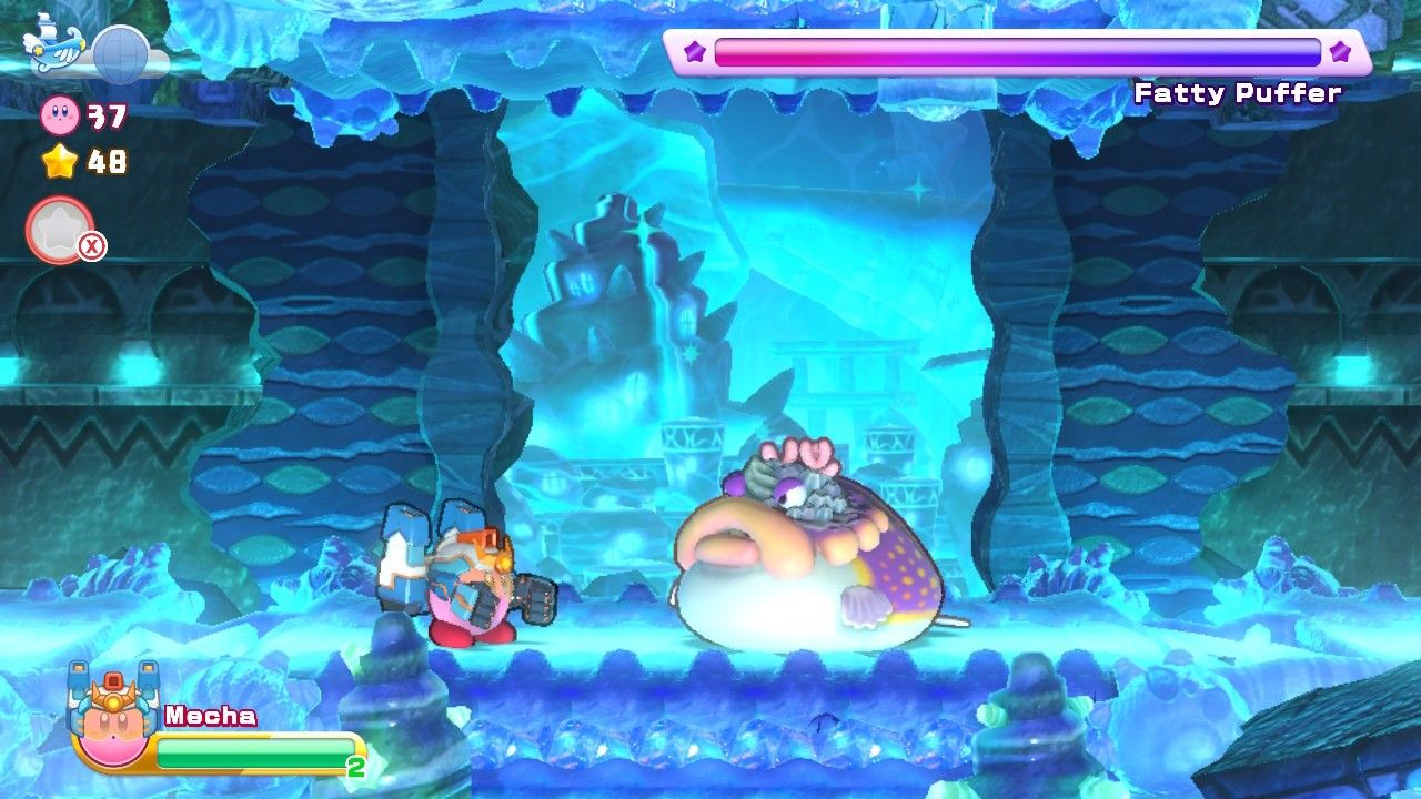 Kirby opposite the Fatty Puffer boss in Stage Five of Onion Ocean in Kirby's Return To Dream Land Deluxe