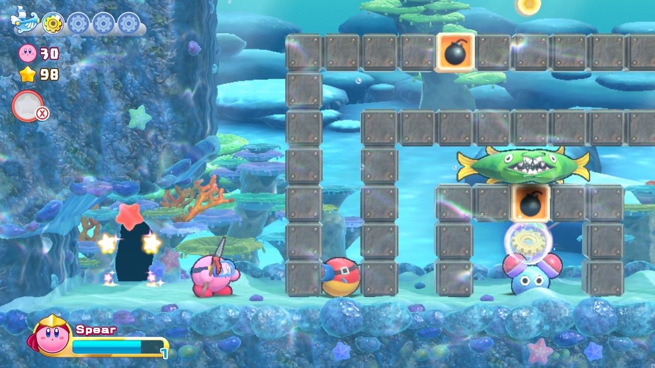 Kirby Onion Ocean Stage Two Secret Room - Kirby in front of blocks, enemies and bomb blocks hiding an Energy Sphere